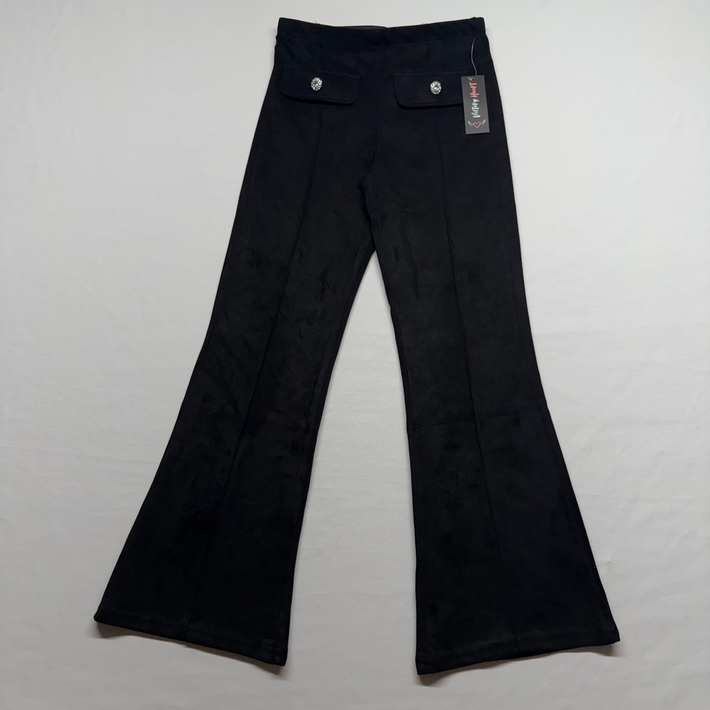 Victory Heart Flare Pants Faux Suede Size 10 Black Girl Rhinestone Stretch Retro